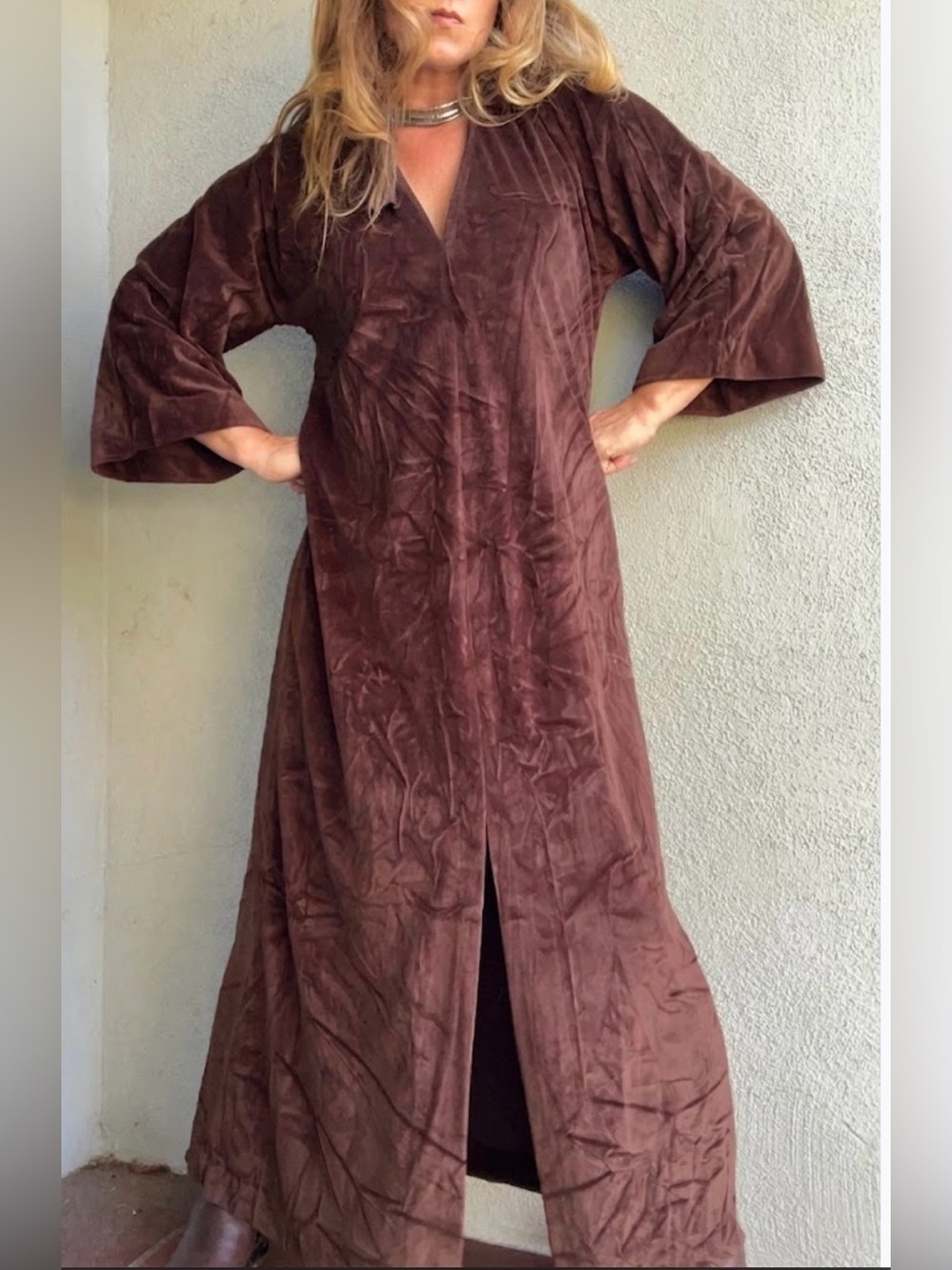 VTG Circle III Brown Crushed Velour Kaftan Robe Bell Sleeve Loungewear Boho S